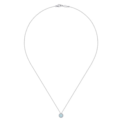 14K White Gold Aquamarine and Diamond Halo Pendant Necklace
