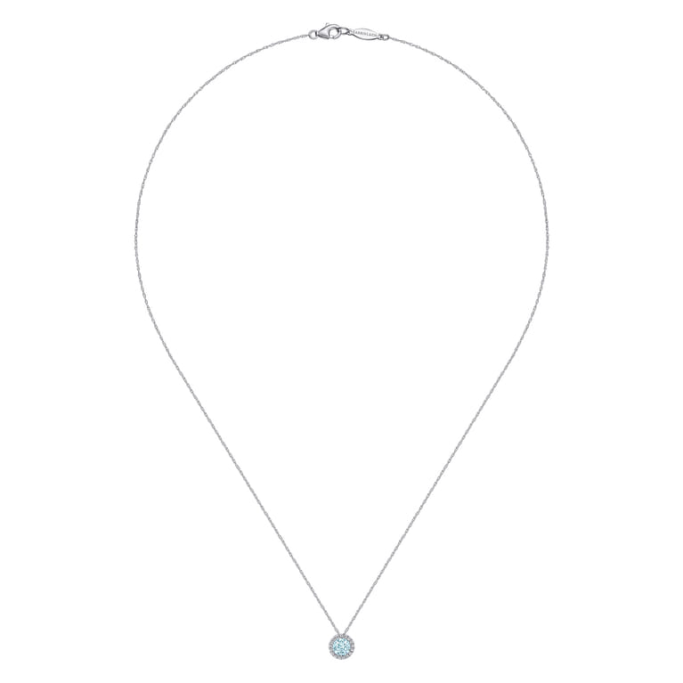 14K White Gold Aquamarine and Diamond Halo Pendant Necklace - 0.07 ct - Shot 2