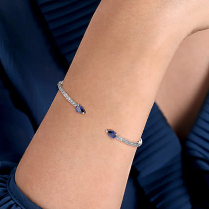14K White Gold Arrow Sapphire and Diamond Open Bangle Bracelet
