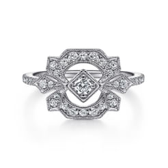 14K White Gold Art Deco Floral Diamond Ring