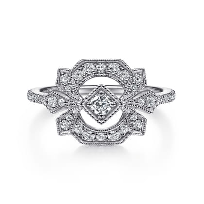 14K White Gold Art Deco Floral Diamond Ring