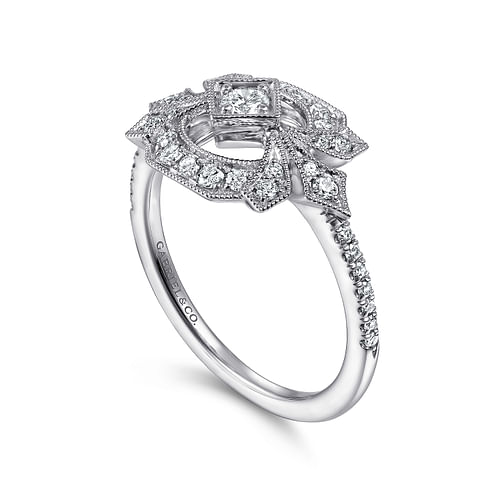 14K White Gold Art Deco Floral Diamond Ring - 0.4 ct - Shot 3