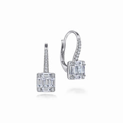 14K White Gold Baguette and Round Diamond Leverback Earrings