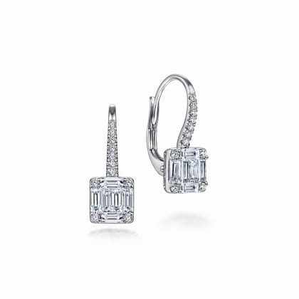 14K White Gold Baguette and Round Diamond Leverback Earrings