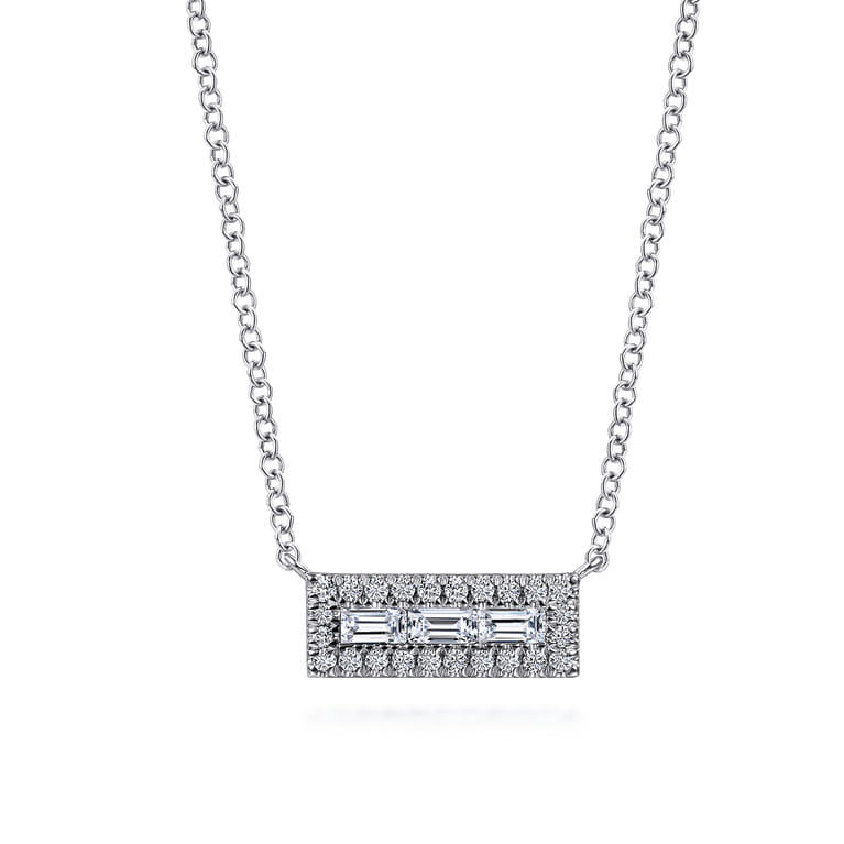 14K White Gold Baguette and Round Diamond Rectangle Pendant Necklace - 0.25 ct - Shot 1