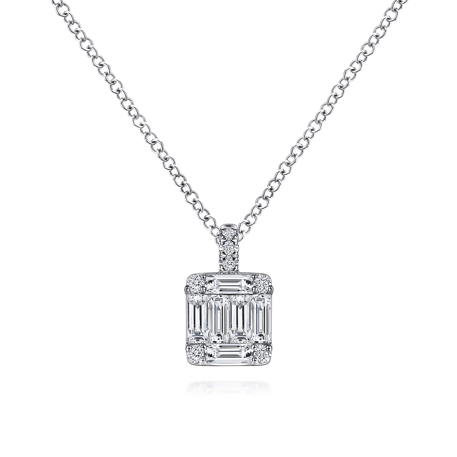 14K White Gold Baguette and Round Diamond Square Pendant Necklace - 0.45 ct - Shot 1