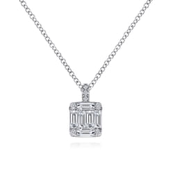 14K White Gold Baguette and Round Diamond Square Pendant Necklace