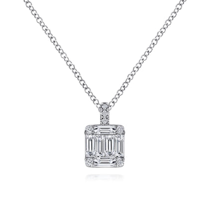 14K White Gold Baguette and Round Diamond Square Pendant Necklace