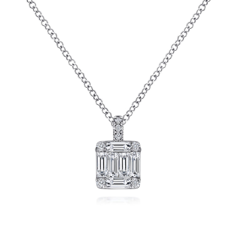 14K White Gold Baguette and Round Diamond Square Pendant Necklace - 0.45 ct - Shot 1