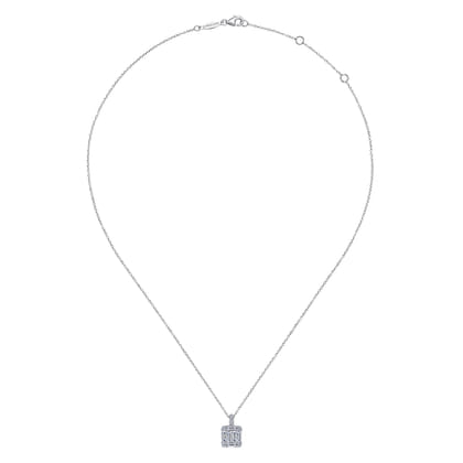 14K White Gold Baguette and Round Diamond Square Pendant Necklace