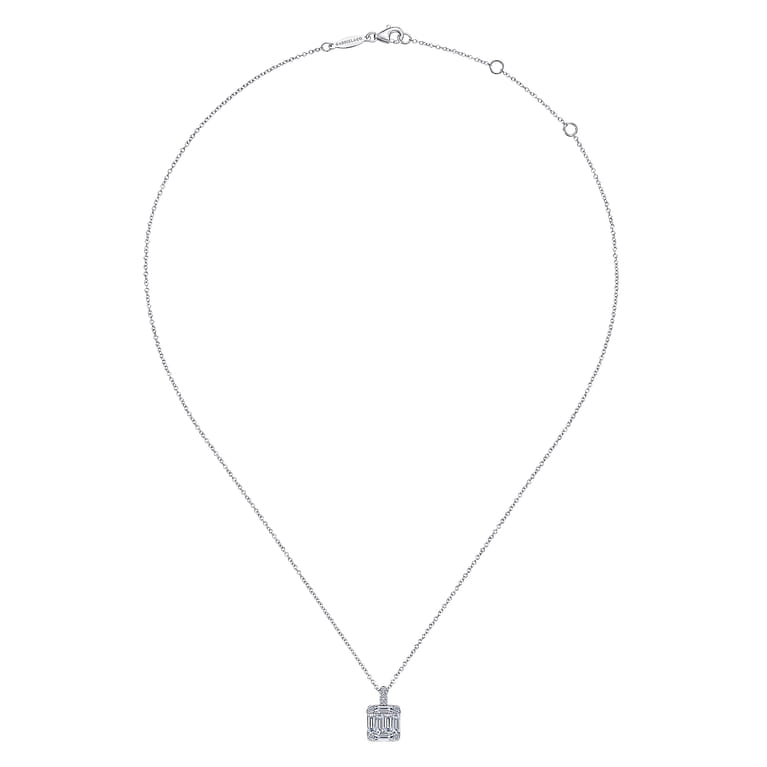 14K White Gold Baguette and Round Diamond Square Pendant Necklace - 0.45 ct - Shot 2
