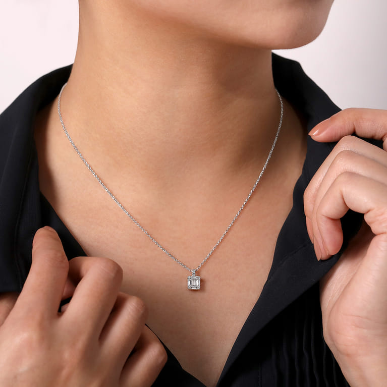 14K White Gold Baguette and Round Diamond Square Pendant Necklace - 0.45 ct - Shot 3