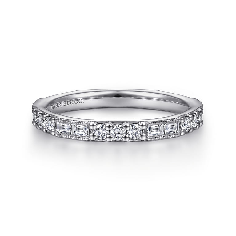14K White Gold Baguette and Round Diamond Stackable Ring - 0.6 ct - Shot 1
