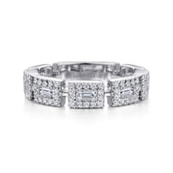 14K White Gold Baguette and Round Diamond Station Ring