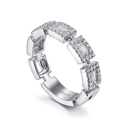 14K White Gold Baguette and Round Diamond Station Ring
