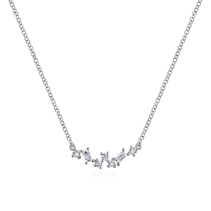 14K White Gold Baguette and Round Diamond Zig Zag Necklace