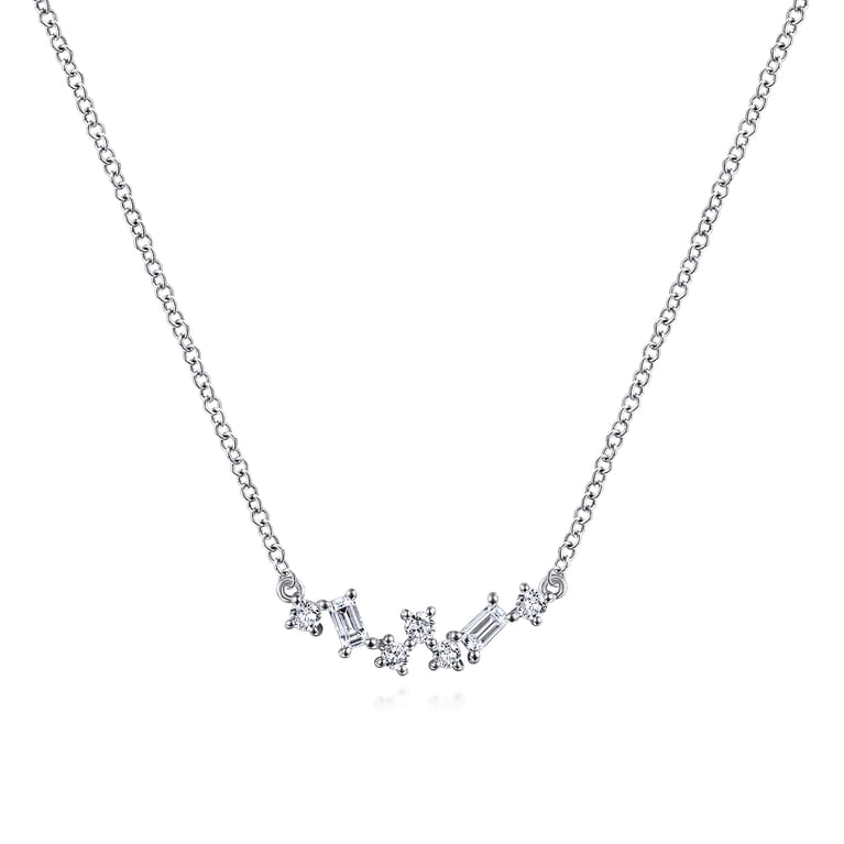 14K White Gold Baguette and Round Diamond Zig Zag Necklace - 0.2 ct - Shot 1