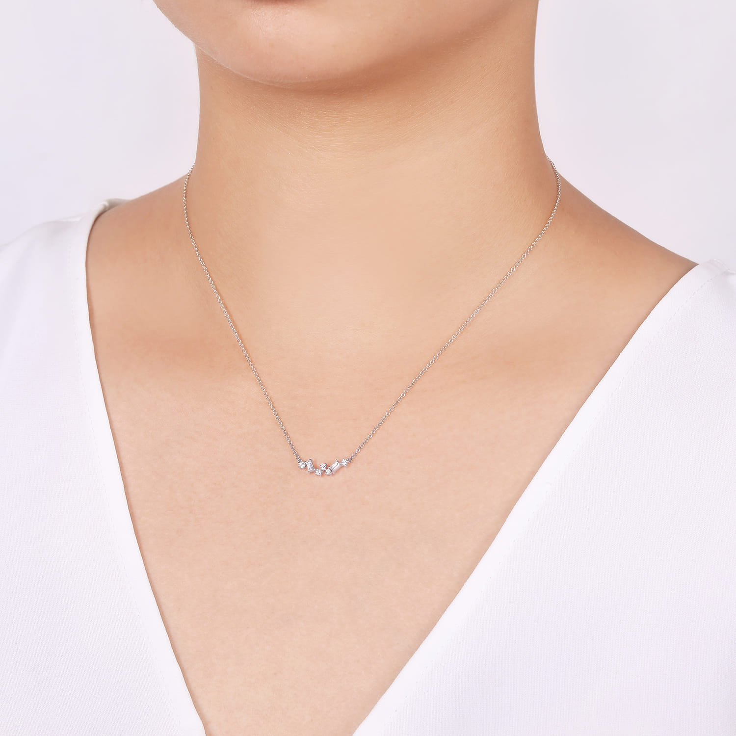 14K White Gold Baguette and Round Diamond Zig Zag Necklace - 0.2 ct - Shot 3