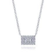 14K White Gold Baguette and Round Halo Rectangular Diamond Pendant Necklace