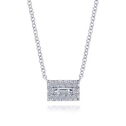 14K White Gold Baguette and Round Halo Rectangular Diamond Pendant Necklace
