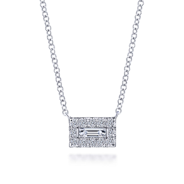 14K White Gold Baguette and Round Halo Rectangular Diamond Pendant Necklace - 0.19 ct - Shot 1