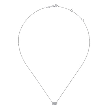 14K White Gold Baguette and Round Halo Rectangular Diamond Pendant Necklace