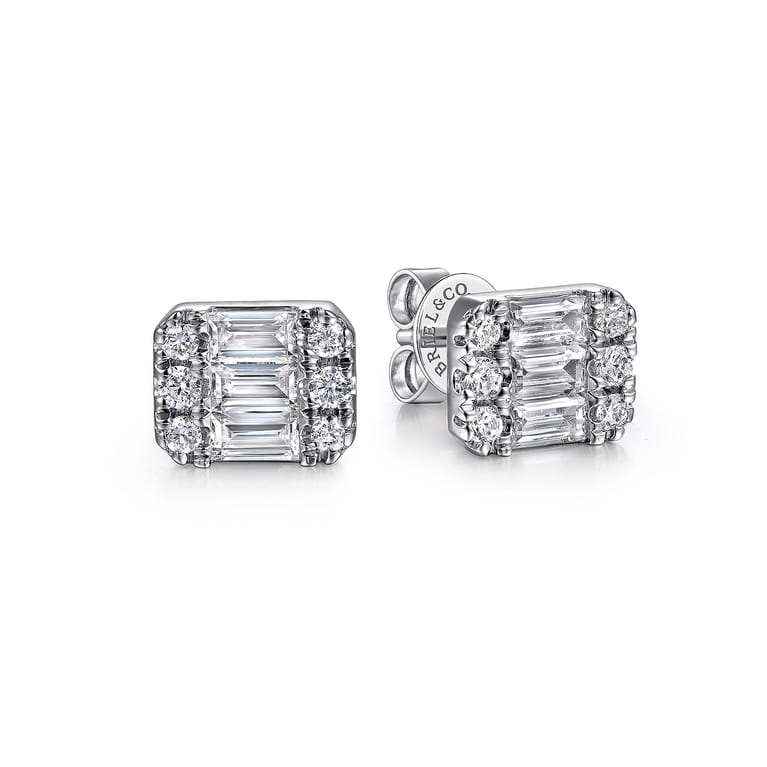 14K White Gold Baguette and Round Rectangular Diamond Earrings - 0.85 ct - Shot 1