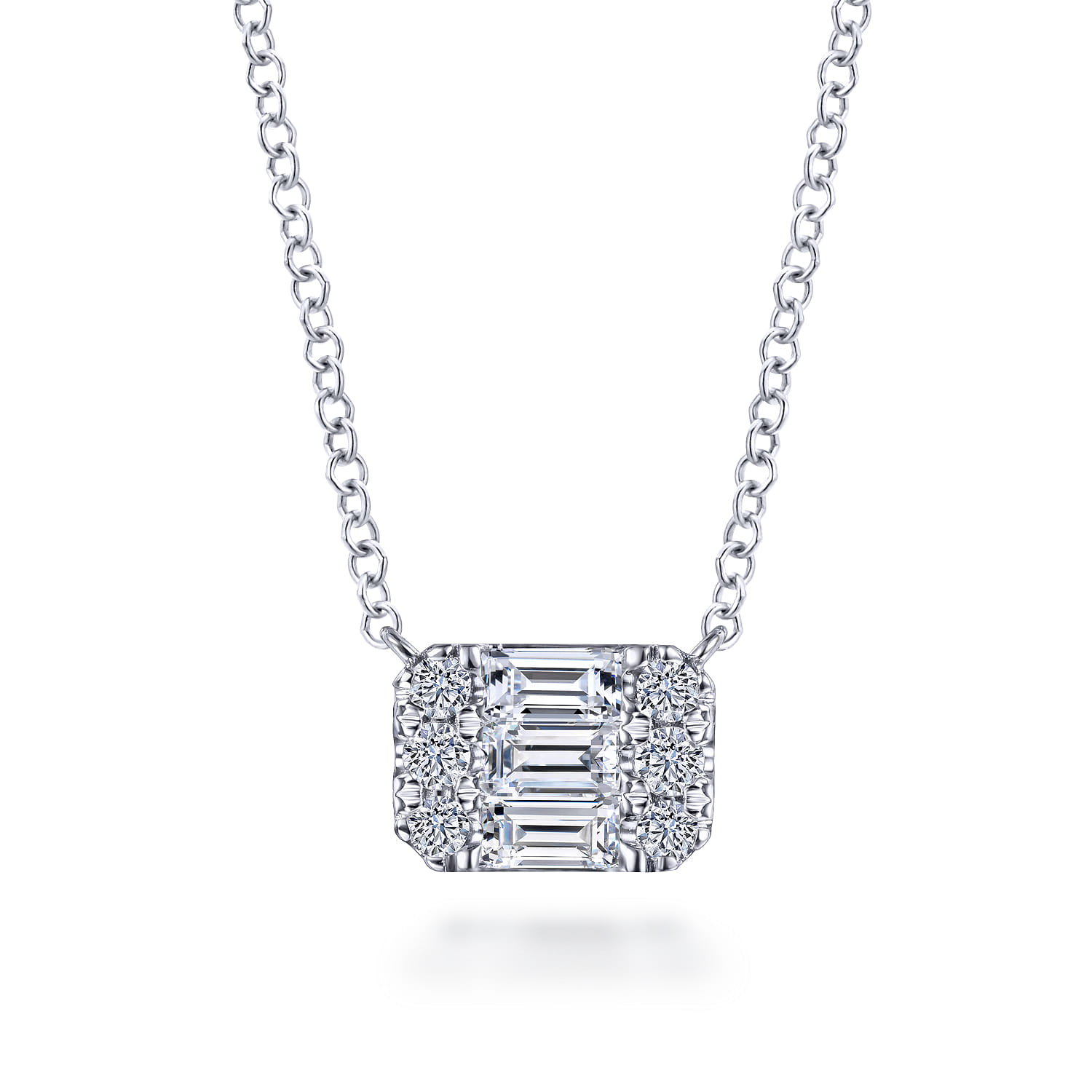 14K White Gold Baguette and Round Rectangular Diamond Pendant Necklace - 0.38 ct - Shot 1