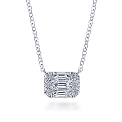 14K White Gold Baguette and Round Rectangular Diamond Pendant Necklace
