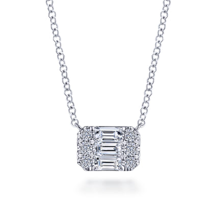 14K White Gold Baguette and Round Rectangular Diamond Pendant Necklace