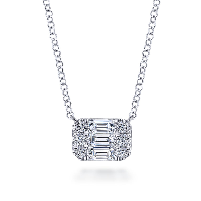 14K White Gold Baguette and Round Rectangular Diamond Pendant Necklace - 0.38 ct - Shot 1