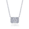 14K White Gold Baguette and Round Rectangular Diamond Pendant Necklace - 0.38 ct