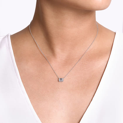 14K White Gold Baguette and Round Rectangular Diamond Pendant Necklace