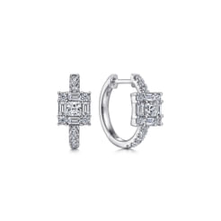 14K White Gold Baguette and Round Square Station Diamond Huggies