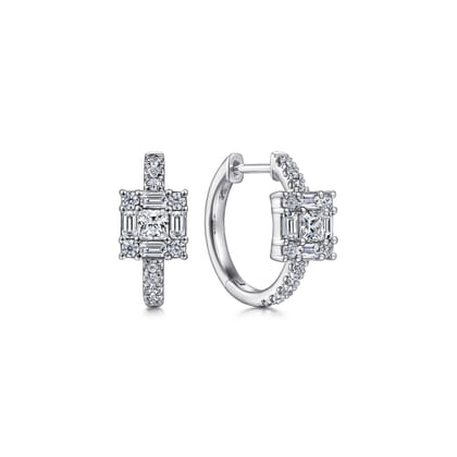 14K White Gold Baguette and Round Square Station Diamond Huggies