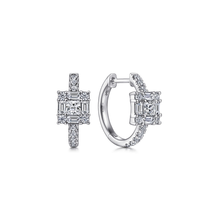 14K White Gold Baguette and Round Square Station Diamond Huggies - 0.8 ct - Shot 1