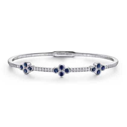 14K White Gold Bangle with Diamond and Sapphire Quatrefoil Stations