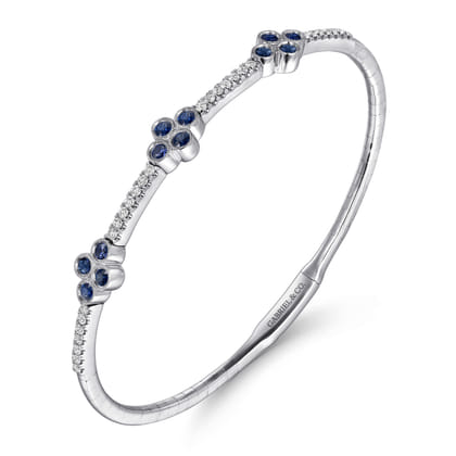 14K White Gold Bangle with Diamond and Sapphire Quatrefoil Stations