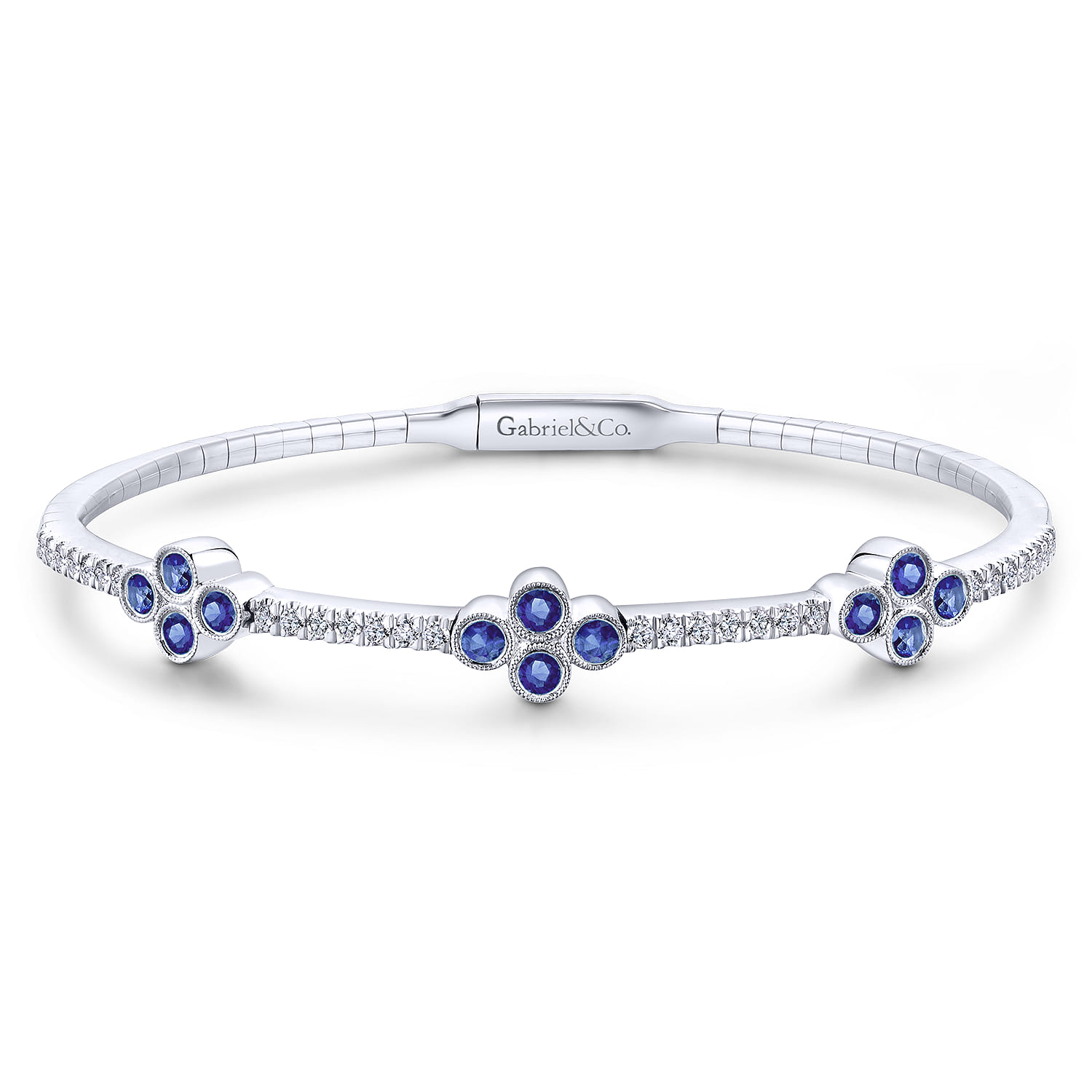 14K White Gold Bangle with Diamond and Sapphire Quatrefoil Stations - 0.36 ct - Shot 1