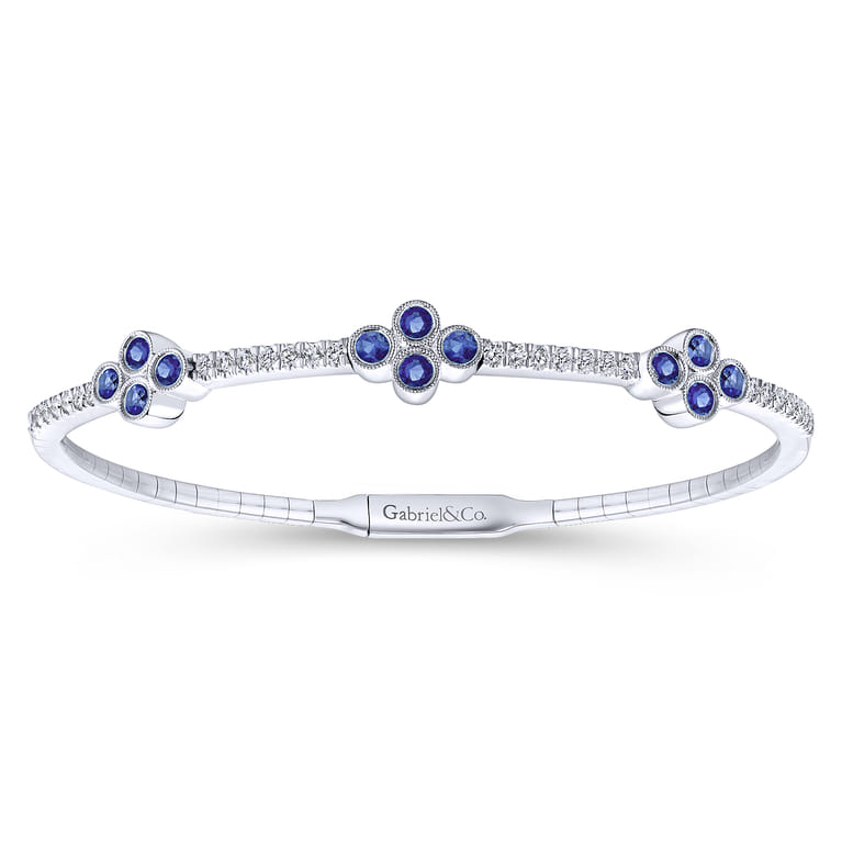 14K White Gold Bangle with Diamond and Sapphire Quatrefoil Stations - 0.5 ct - Shot 1