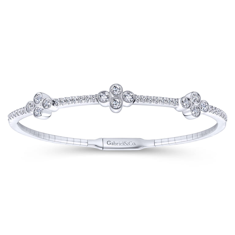 14K White Gold Bangle with Quatrefoil Diamond Stations - 1.1 ct - Shot 1