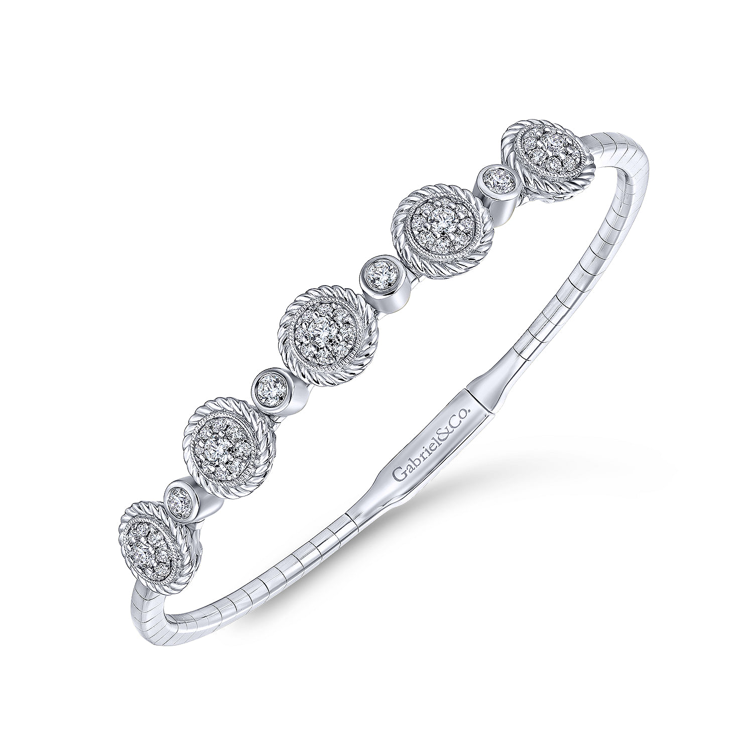 14K White Gold Bangle with Twisted Rope Pave Diamond Stations - 0.75 ct - Shot 2