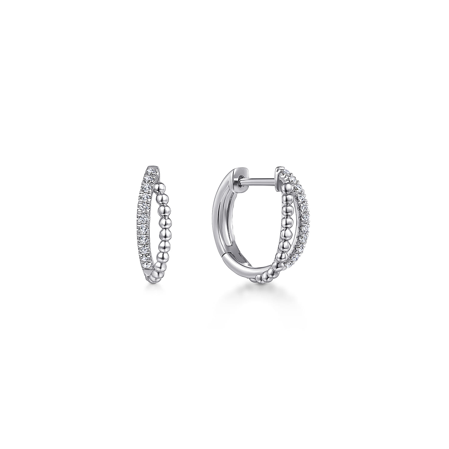14K White Gold Beaded 15mm Diamond Huggies - 0.11 ct - Shot 1