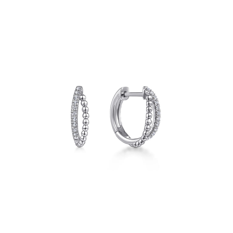 14K White Gold Beaded 15mm Diamond Huggies - 0.11 ct - Shot 1