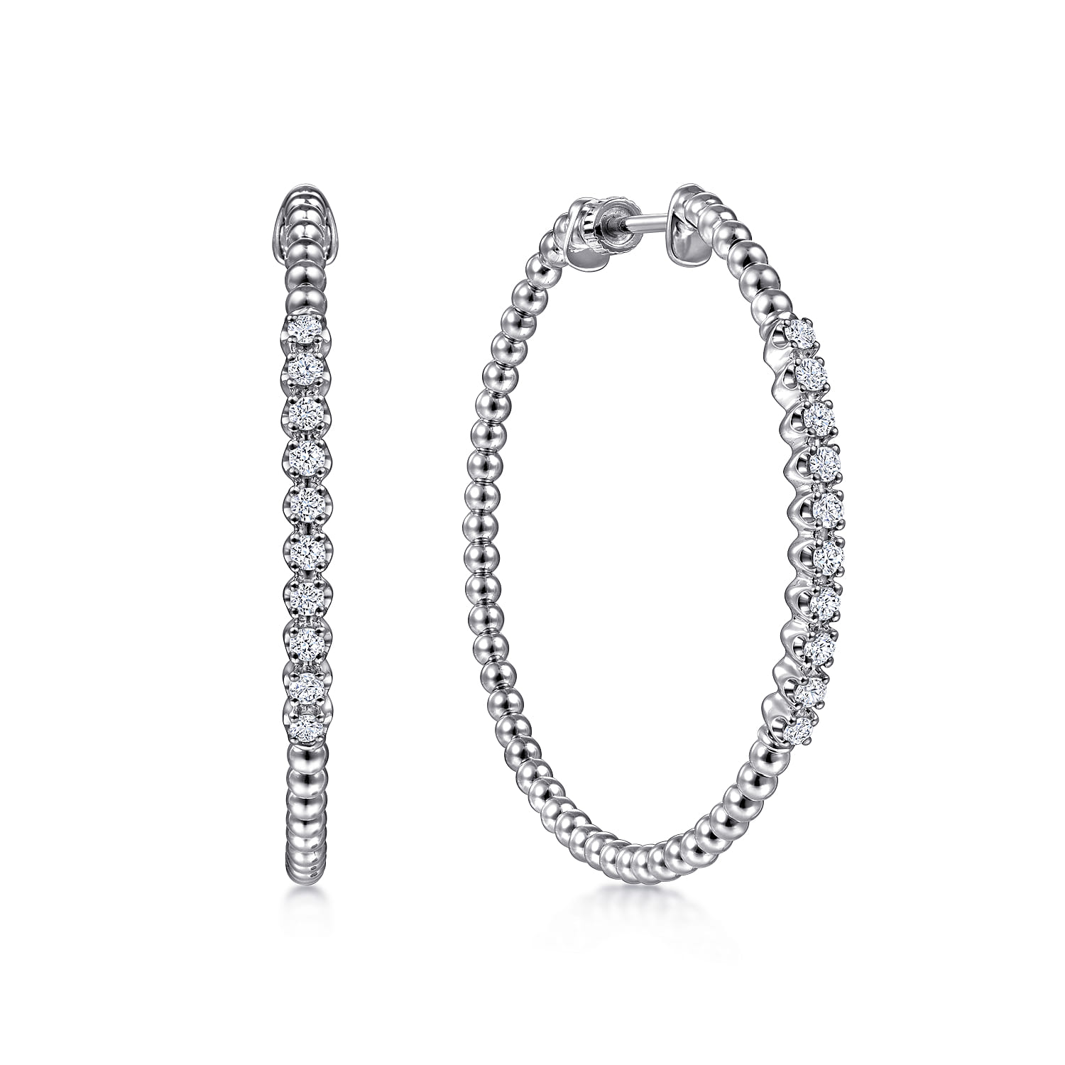 14K White Gold Beaded 40mm Classic Diamond Hoop Earrings - 0.4 ct - Shot 1