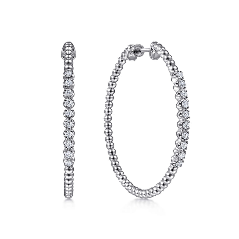 14K White Gold Beaded 40mm Classic Diamond Hoop Earrings - 0.4 ct - Shot 1