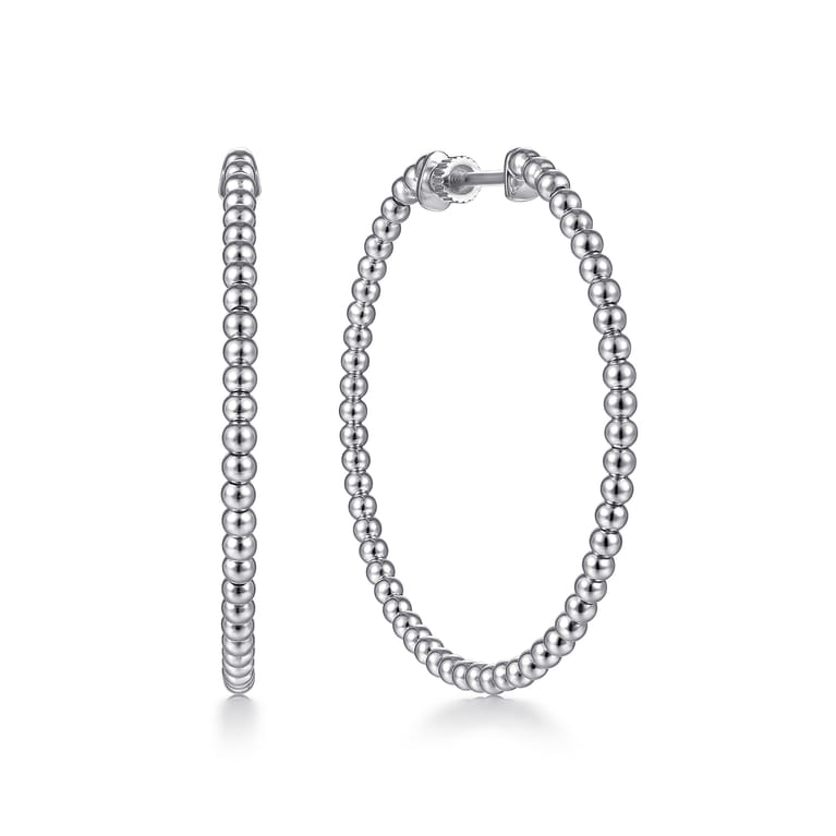 14K White Gold Beaded 40mm Round Classic Hoop Earrings - Shot 1