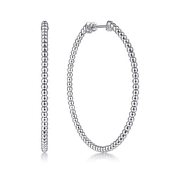 14K White Gold Beaded 50mm Round Classic Hoop Earrings