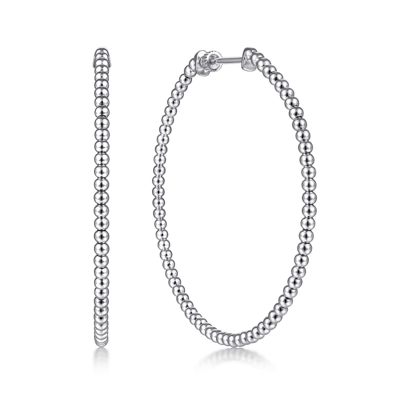 14K White Gold Beaded 50mm Round Classic Hoop Earrings - Shot 1