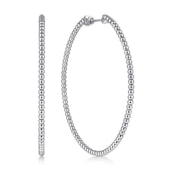 14K White Gold Beaded 60mm Round Classic Hoop Earrings